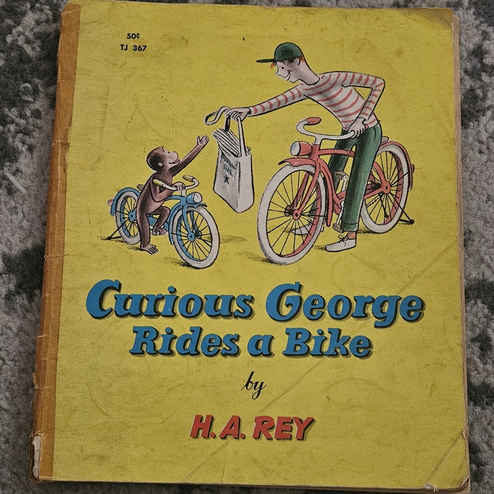 Curious George Rides a Bike H.A. Rey 1962 Vintage Kids Book Monkey Ape Bicycle